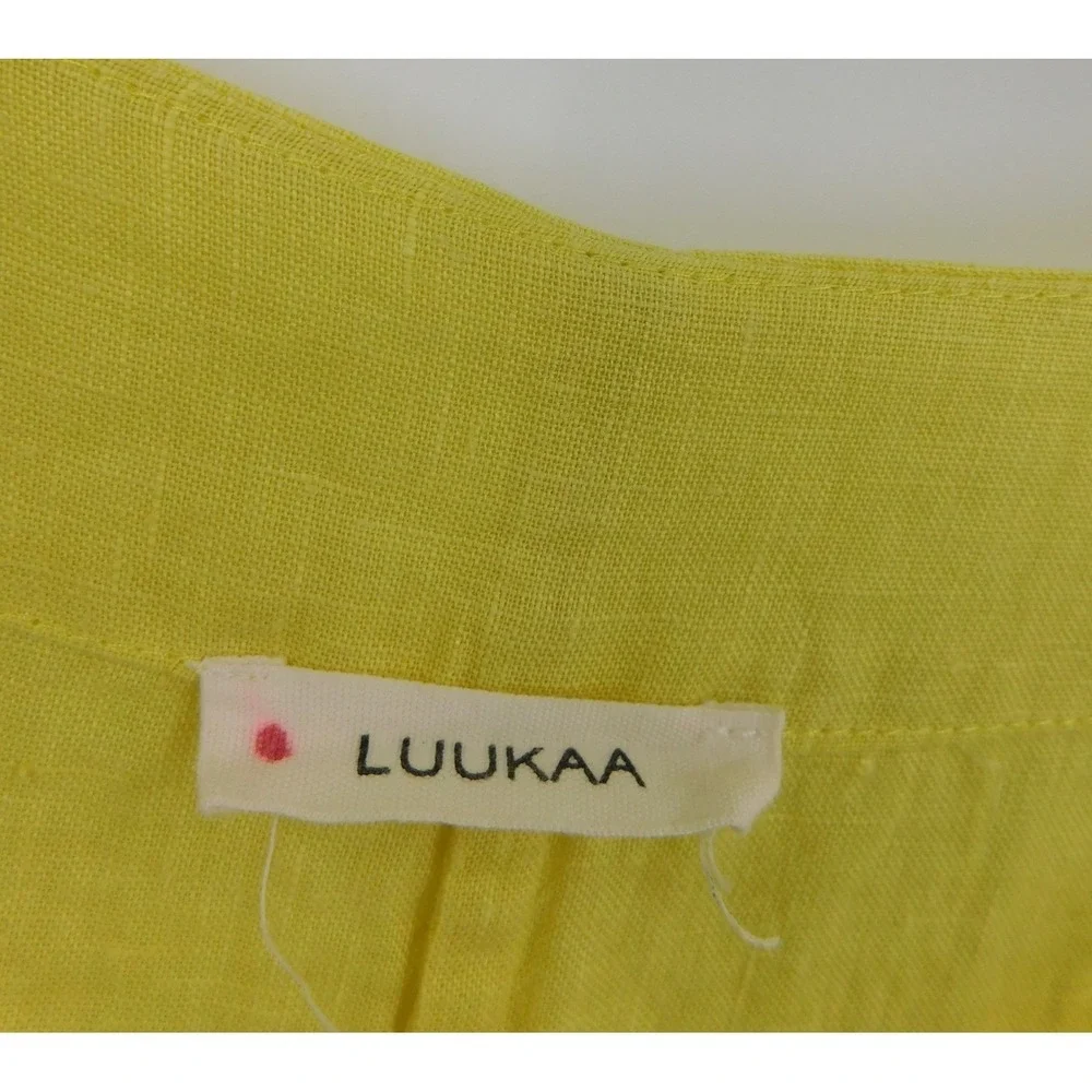 Luukaa Yellow Linen Shift Dress Asymmetrical Ruffle Hem Pocket Womens Size S